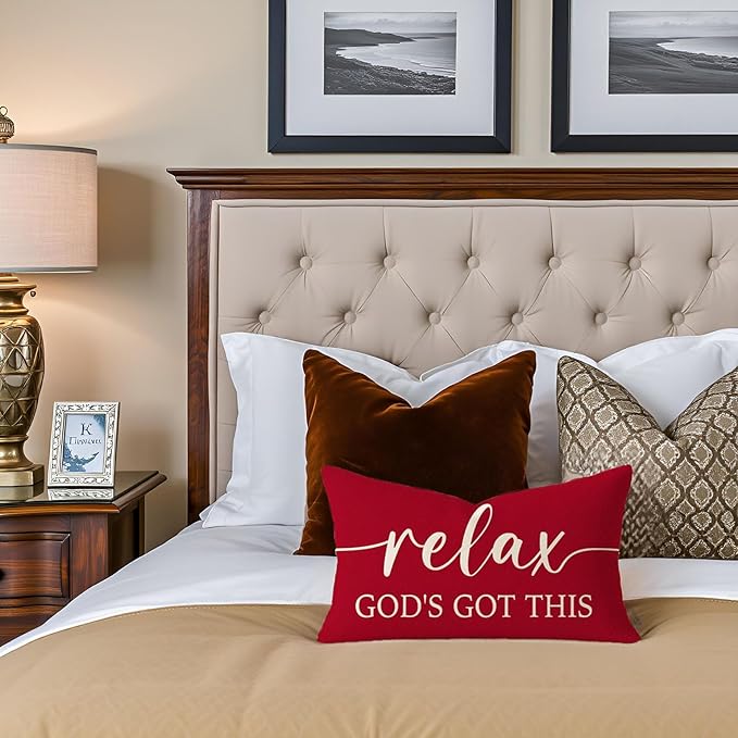 Red Christmas Pillow Covers 12x20 Inch Set of 2 – Relax God’s Got This/Give It to God and Go to Sleep – Christian Holiday Throw Pillowcase, Gift for Women