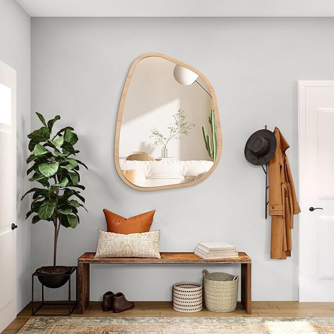 Irregular Bathroom Mirror Modern Wall Mirror Asymmetrical Wooden Framed Wall Mirror Unique Shape Wall Mounted Vanity Artistic Mirror Decor for Living Room Bedroom Entryway Large 26"x18"