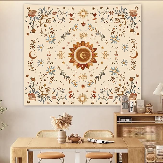 Boho Sun Floral Tapestry Wall Hanging Bedroom Aesthetic, Bohemian Vintage Moon Girl Room Decor Tapestries, Cute India Hippie Outdoor Wall Covering for Living Room Dorm (60"X79")