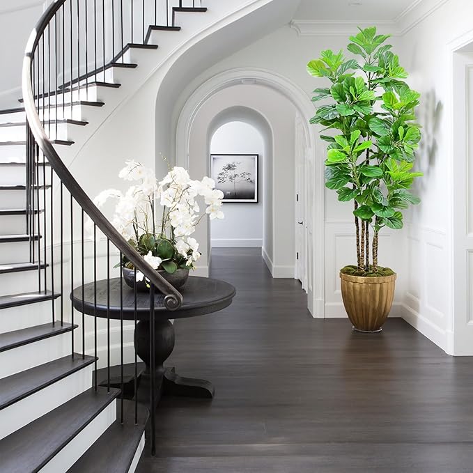 7ft Artificial Fiddle Leaf Fig Tree with Woven Seagrass Plant Basket, Fake Tree Indoor Faux Plant for Living Room Office Floor Home Decor (84 in)