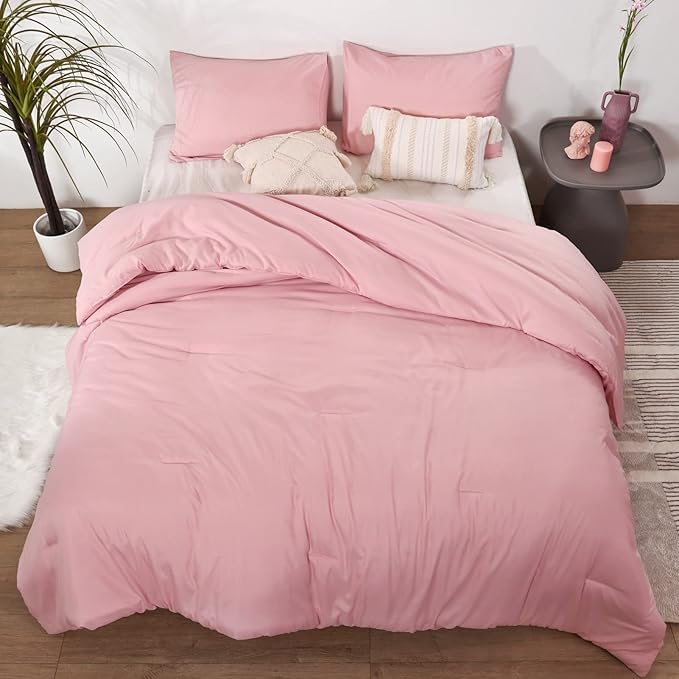 ROSGONIA Full Size Comforter Sets for Girls Boys Teens Pink, 3pcs (1 Boho Comforter & 2 Pillowcases), Lightweight Dorm Bedding Soft All Season Bed Set
