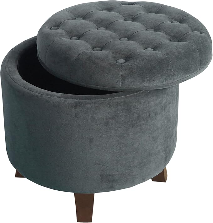 Homepop Home Decor | Upholstered Round Velvet Tufted Foot Rest Ottoman | Ottoman with Storage for Living Room & Bedroom | Decorative Home Furniture, Dark Gray Small