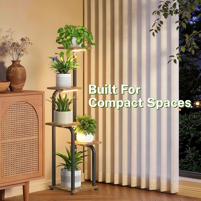 iDavosic.ly Tall Plant Stand Indoor with Grow Light, 4 Tier Corner Multiple Flower Holder Shelf with Wooden Trays, Space Saving Display Rack for Living Room Balcony Patio Porch | Black & Brown