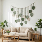 Macrame Wall Hanging, 47x29 inch Large Boho Woven Tapestry Wall Decor Chic Home Wall Art Modern Bohemian Handmade Green Leaf Feather Macrame Tapestry for Bedroom Apartment Living Room Backdrop Decor