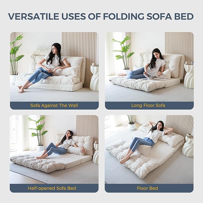 MAXYOYO Folding Sofa Bed, Tufted Bean Bag Bed with Pillows Floor Mattress for Adults, Extra Thick and Long Floor Sofa, Full Floor Couch Bed for Bedroom Living Room, Beige, 54x91 Inch