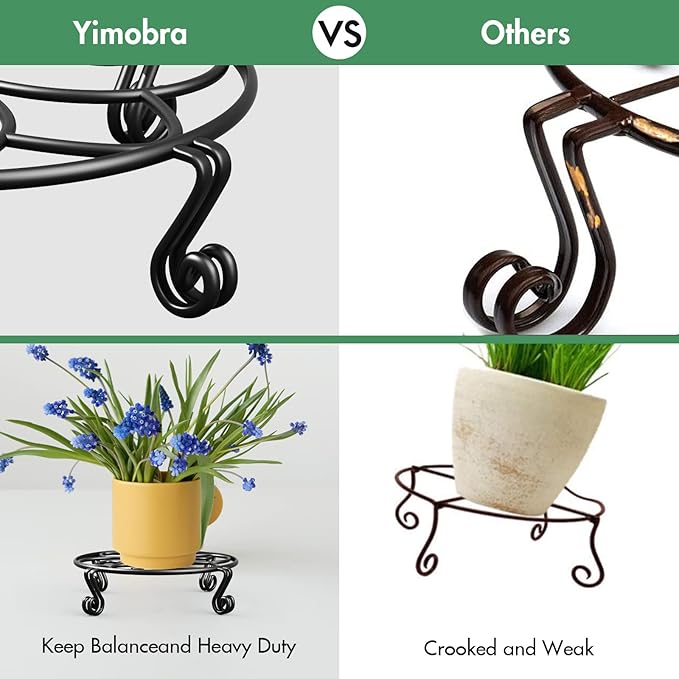 Yimobra 2 Pack Plant Stand for Flower Pot Heavy Duty Potted Holder Indoor Outdoor Metal Rustproof Iron Garden Container Round Supports Rack for Planter (9.4Inches, Black)