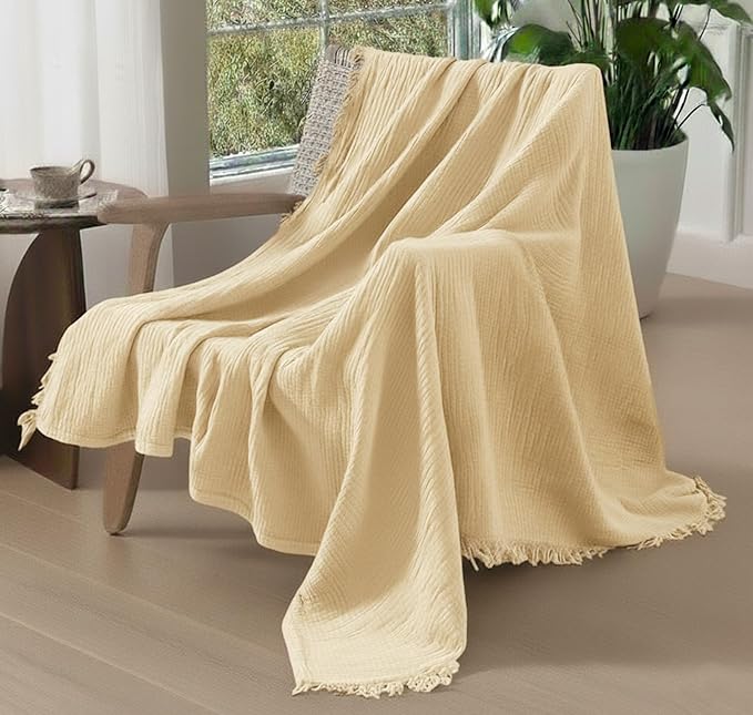 KyraHome 100% Organic Cotton Muslin Throw Blankets for Adults, Pre-Washed Plant Dyed, Women, Couch, Toddler, Lightweight Soft Gauze Blanket for Couch, All Season, Creamy