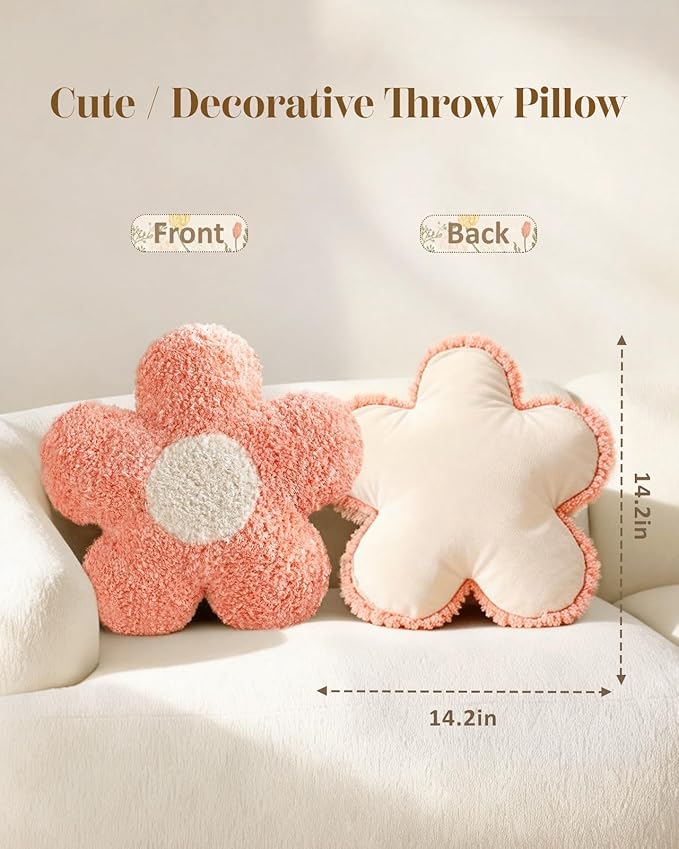 Flower Throw Pillow - Cute Decorative Plush Daisy Shaped Throw Pillow for Couch, Sofa, or Living Room, 14.2" x 14.2" Soft Stuffed Cushion for Home Decor