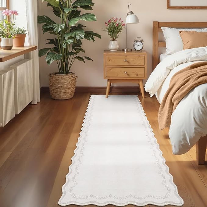 GarveeHome 2.5x8 Scalloped Washable Runner Rug for Kitchen, Soft Neutral Beige Long Hallway Runner Non Slip Entryway Rug Farmhouse Thin Laundry Mat Stain Resistant Carpet for Bathroom Beside Rug