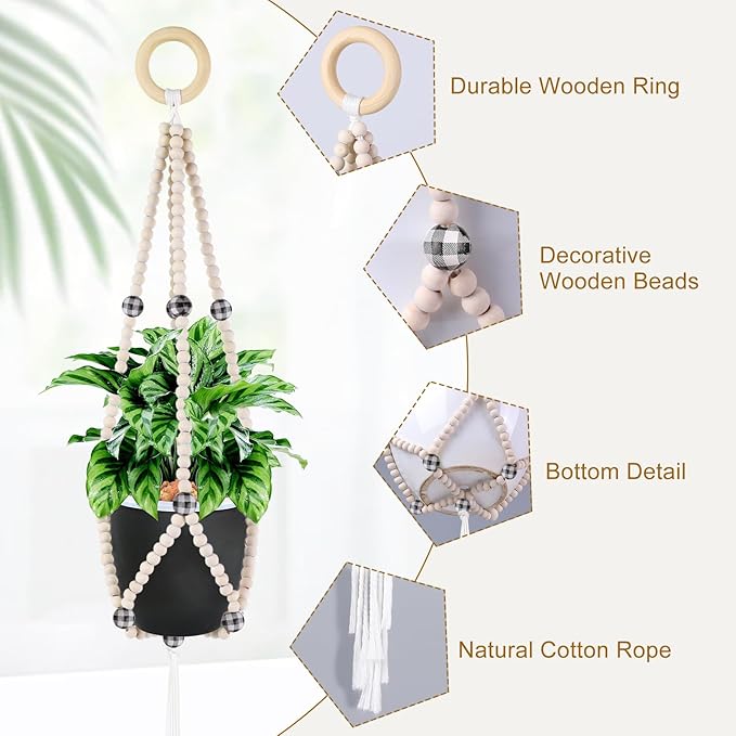 Hotfiary Plant Hanger Indoor Hanging Plant Holder Hang Planter Basket Wood Bead Decorative Flower Pot Holders Boho Farmhouse Rustic Decor Indoor Outdoor (Pot Not Included)