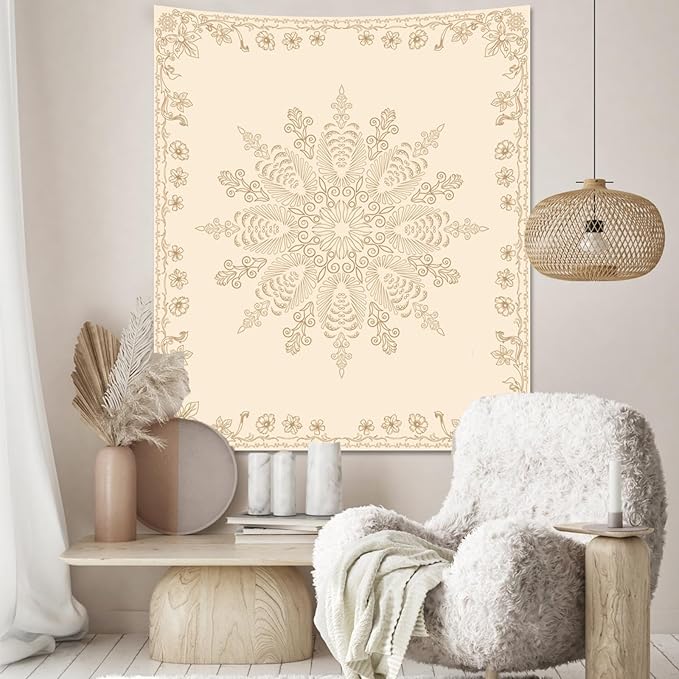 Apdidl Boho Mandala Floral Wall Tapestry for Bedroom Aesthetic, Bohemian Cute Flower Hippie Indian Beige Wall Hanging Blanket, Medallion Art Decor Tapestries for Teen Girls Living Room Dorm 51" X 60"