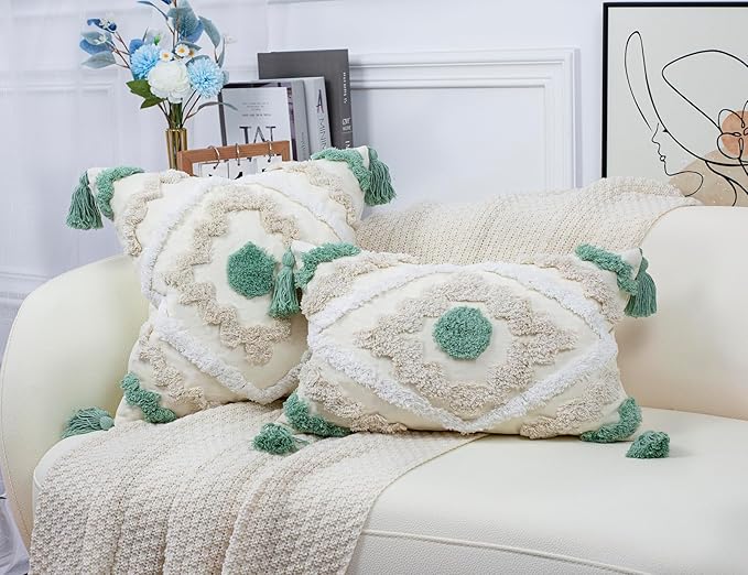Decorative Farmhouse Throw Pillow Covers 20 x 20,Modern Neutral Couch Pillow Cover,Cotton Checked Pattern Boho Square Pillow Case Cover for Couch Bed Sofa Bedroom,Green&Beige&White