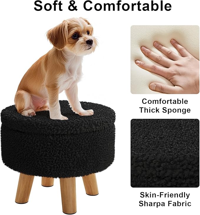 Black Storage Ottoman, Small Foot Stool Ottoman with Storage, Boucle Sherpa Foot Rest for Couch, Round Footstools with Soft Seat, Sturdy Wood Legs Stool for Living Room, Hallway, Desk