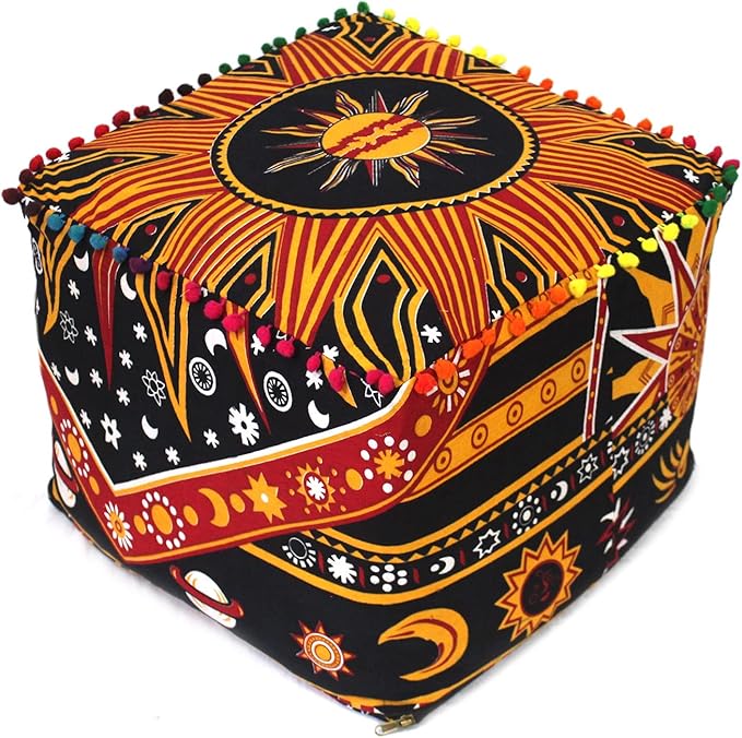 CRAFT KALA Square Mandala Floor Pillow Cushion Cover Seating Throw Cover Hippie Decorative Bohemian Ottoman Poufs Cover Pillow Cases Cotton Living Room Home Décor 18X18X14 inches, Orange Burning Sun