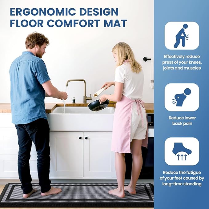 KitchenClouds [2 PCS] Kitchen Rugs Cushioned Anti-Fatigue Kitchen Mats for Floor Waterproof Kitchen Rug Set Non-Slip Comfort Standing Mat for Office, Sink, Laundry 17.3"×28"+17.3"×60",Black