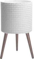D'vine Dev 14 Inch Modern Geometric Tile Patterned Sleek Planter Pot with Stand, Indoor Outdoor Decorative Plant Holder, Matte White, 88-Z-D-1