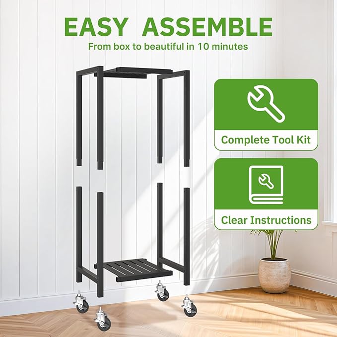 KMOTASUO 2 Tier Black Tall Plant Stand with Wheel for Indoor Outdoor, Heavy Duty Metal Multiple Large Planter Rack for Narrow Corner, Sturdy Iron Vertical Flower Holder for Modern House Patio Bathroom