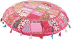 GANESHAM Indian Handmade Vintage Patchwork Cotton Boho Chic Bohemian Hand Embroidered Decorative Ethnic Foot Stool Round Floor Pillows & Cushion Cover Seating Pouf Ottoman (Pink, 32 inch)