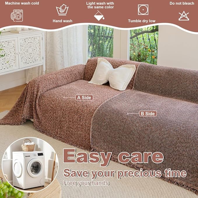 ROOMLIFE Pink Couch Cover for 3 Cushion Sofa, Chenille Sofa Couches Slipcover Sectional Sofas Covers with Tassel, Washable Soft Breathable Furniture Protector Cover for Living Room, 71 '' X 118''