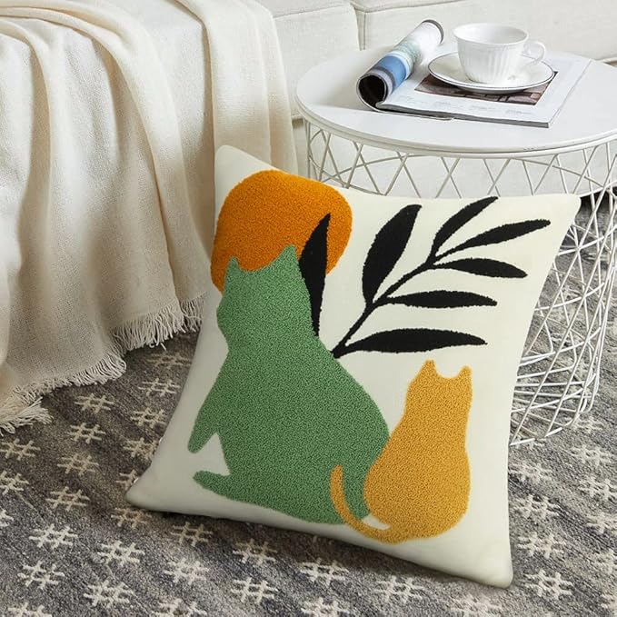 JASEN Boho Textured Throw Pillow Covers 18x18 Cute Absract Cat Tufted Pillow Covers Aesthetic Decorations Cushion Case for Bed Couch Sofa Home Decor（Only 1 Pillow Cover）