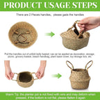 Qunclay 4 Pcs Woven Seagrass Baskets Belly Basket Folding Boho Natural Plant Pot with Handles Round Decorative Wicker Large Indoor Planter for Home Outdoor Tree Planters Decor (Xs,7.9''dx6.3''h)