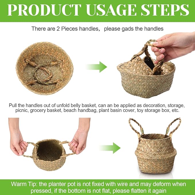 Qunclay 8 Pcs Woven Seagrass Baskets Belly Basket Folding Boho Natural Plant Pot with Handles Round Decorative Wicker Large Indoor Planter for Home Outdoor Tree Planters Decor (Xs,7.9''dx6.3''h)