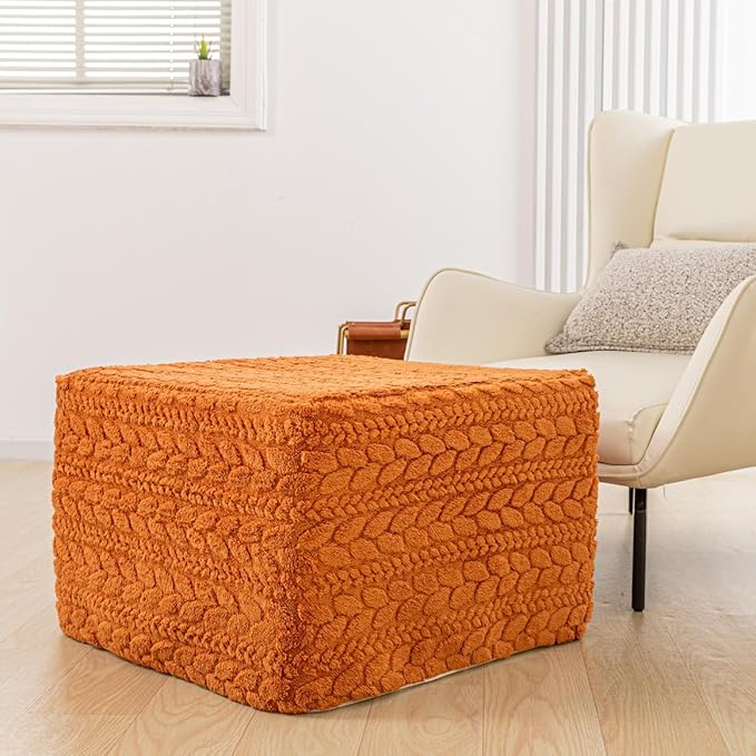 20x20x14 Inches Fluffy Square Pouf Ottoman - Plush Furry Boneless Ottoman Foot Rest Stool with High-Density Foam, Versatile Floor Seating for Living Room (Burnt Orange)
