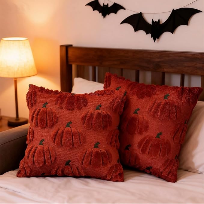 Fall Pumpkin Decorative Throw Pillow Covers 22x22 Set of 2 Pillow Covers, Faux Fur Square Pillow Cover Fluffy Plush Accent Throw Pillow Case, Throw Pillow Cover Cushion Cover for Autumn, Rust Red