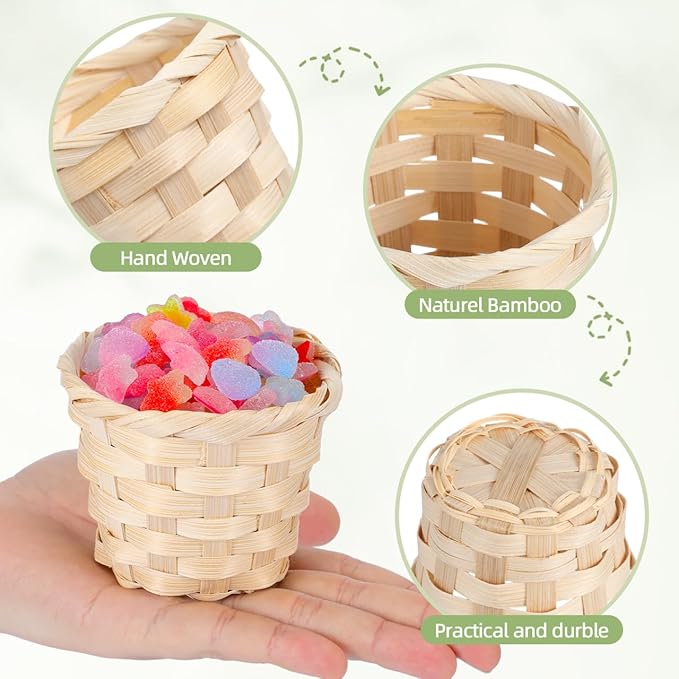 Zerodeko Mini Woven Bamboo Storage Basket 3.54X3.54X2.95 Inch Portable Set of 10 Natural Rustic Organizer for Home Office Tabletop Fruit Display and Artificial Flower Holder