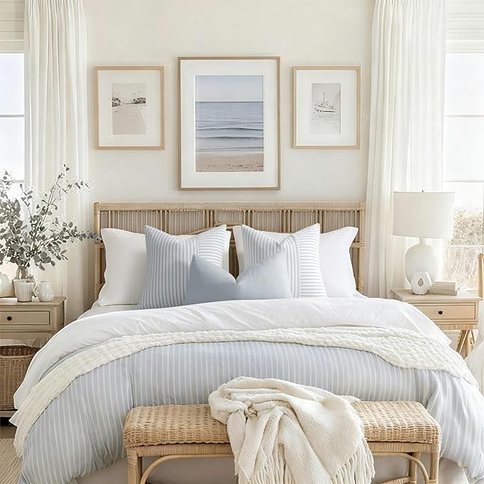 YCOLL Farmhouse Pillow Covers 24x24, Modern Accent Square Throw Pillow Covers Set of 2, Light Blue and Beige Striped Patchwork Linen Decorative Cushion Covers for Couch Chair Bedroom Home Decor