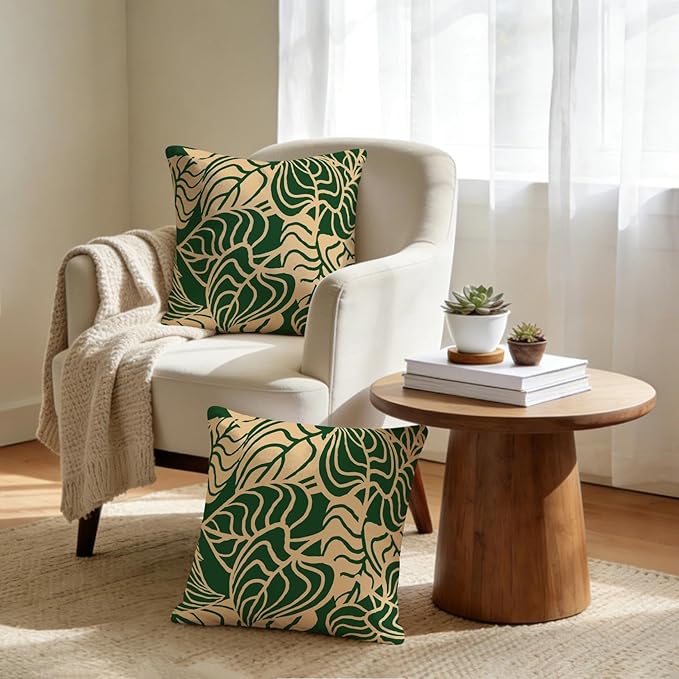 Tropical Green Plant Throw Pillow Covers 18x18 Inch Set of 2 Summer Sage Green Palm Leaves Decorative Pillow Cases Farmhouse Cushion Covers for Couch Sofa Bed Living Room Spring Home Decor