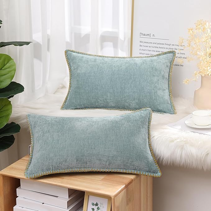 decorUhome Summer Chenille Soft Cozy Throw Pillow Covers 12x20 Set of 2, Modern Farmhouse Boho Velvet Decorative Pillow Cases with Stitched Edge for Couch Sofa Bed Home Decor, Aqua Haze