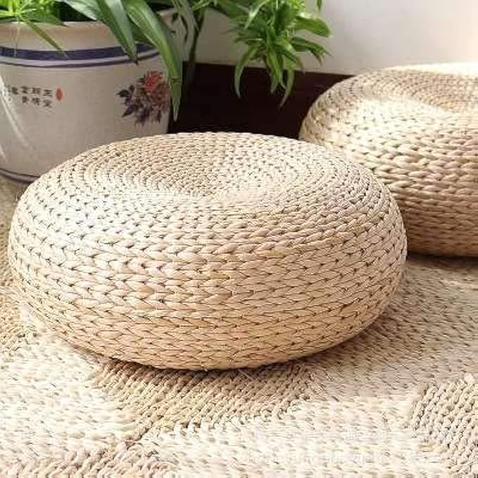 Straw Flat Seat Cushion, Handmade Floor Pouf Mat, Ottoman Footstool for Meditation, Zen, Yoga Practice or Buddha (19.7" Dia. x 6.7" H)