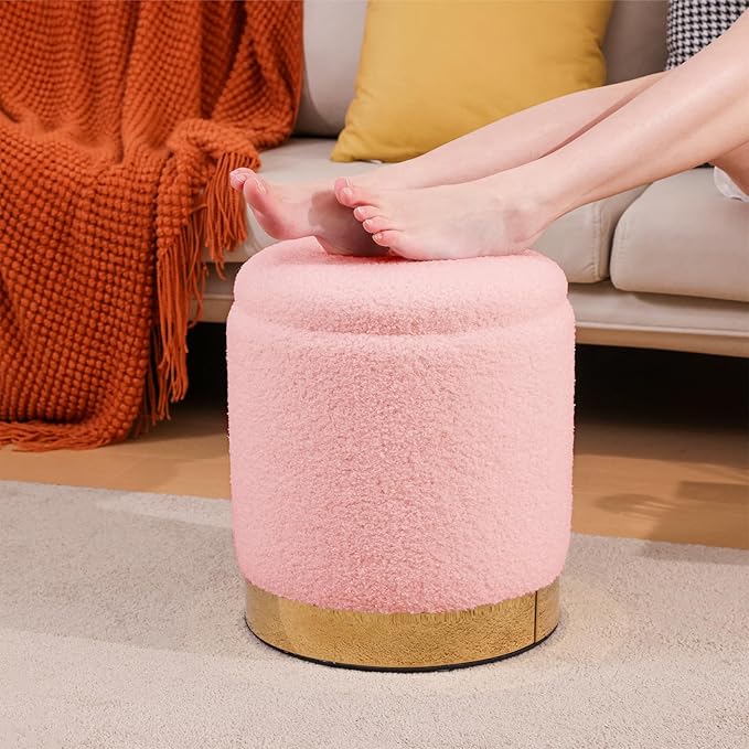 Round Storage Ottoman Set of 2- Multi-Functional Footrest & Vanity Stool for Living Room, Space-Saving Side Table with Hidden Compartment, Sturdy Seating for Small Apartments & Bedroom, Pink