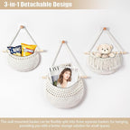 Halidali 3 Tier Hanging Fruit Baskets for Kitchen, Boho Cotton Rope Handwoven Vegetable Hammock Produce Storage Wall Mounted Large Organizing Basket for Farmhouse Decor, Onion, Potato (White)