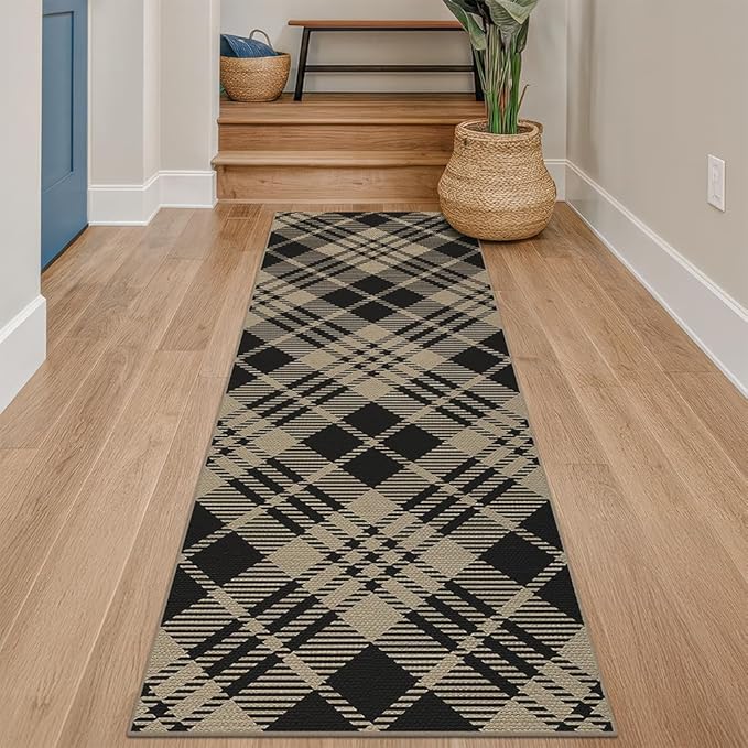 JTJ Geometric Outdoor Runner 2x6 - Easy Jute Woven Throw Rug for Kitchen, Balcony, Mudroom, Hallway Runner Non Slip Washable, Low Pile Vintage Black and White Checkered Aesthetic Decor