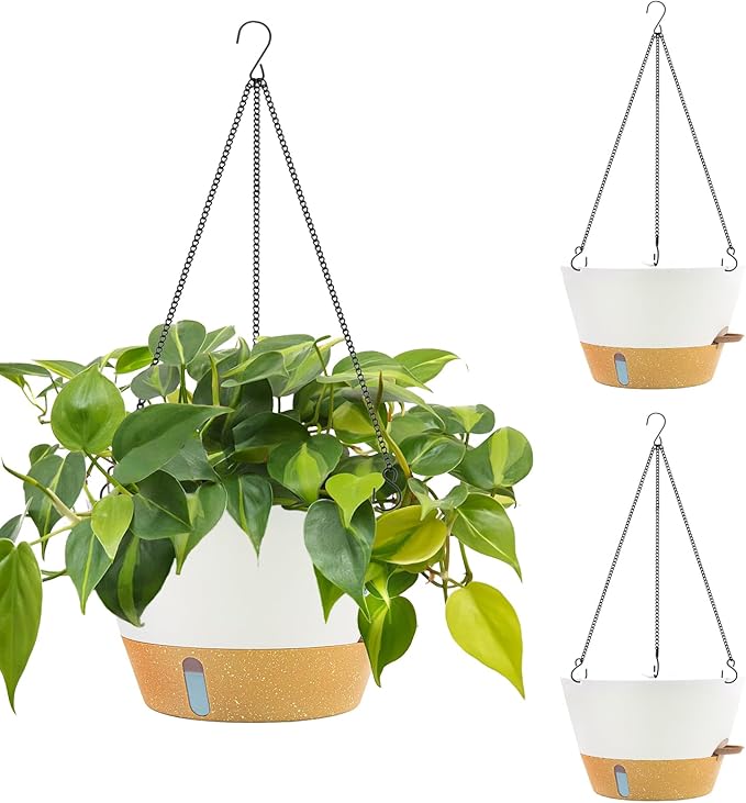 ZMTECH 3 Pack 12 Inch Hanging Planters for Indoor Plants, Large White Self Watering Hanging Planter with Visible Water Level Window & Heavy Duty Chain, Flower Pots for Outdoor Patio