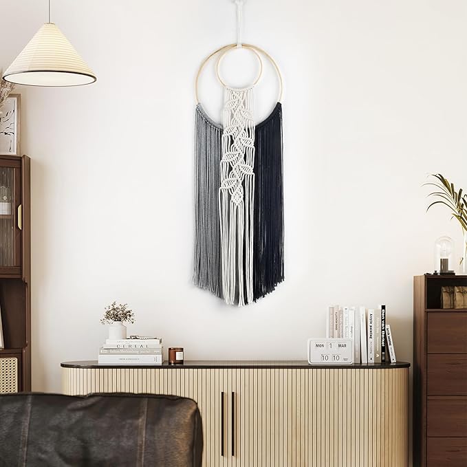 LB Boho Black White Grey Macrame Wall Hanging Hand Woven Leaf Pattern Tapestry Wall Art with Wood beads Modern Aesthetic Tassel Wall Decor for Home, Bedroom, Living Room