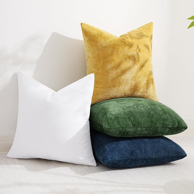decorUhome Chenille White Spring Throw Pillow Covers 18x18 Inch Set of 2, Decorative Soft Couch Pillow Covers Solid Dyed Accent Farmhouse Neutral Square Pillow Cases for Sofa