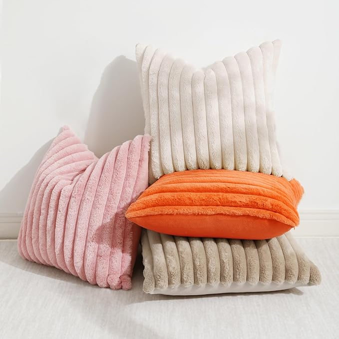 decorUhome Summer Cozy Faux Fur Throw Pillow Covers 18x18 Set of 2 Decorative Soft Plush Striped Modern Farmhouse Boho Couch Pillow Cases with Velvet Back for Sofa Bed Living Room, Beige