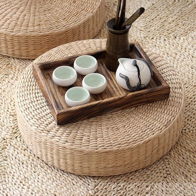 HUAWELL Japanese Style Handcrafted Eco-Friendly Breathable Padded Knitted Straw Flat Seat Cushion, Hand Woven Tatami Cushion Best for Zen, Yoga Practice or Buddha Meditation (15.8)
