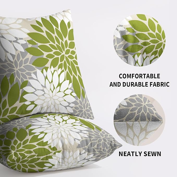 Lime Green White Grey Gray Pillow Covers 24X24 Inch Set of 2, Modern Dahlia Floral Print Decorative Throw Pillow Covers Outdoor Farmhouse Cushion Case for Home Couch Sofa Bed Decoration