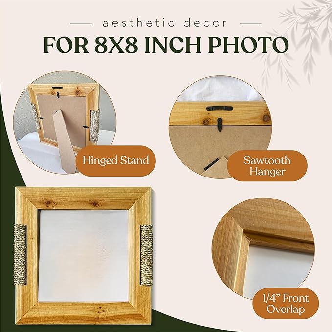 Boho Picture Frame with Wicker Accents | Lightweight Wooden Frame for 8x8 Photo or Artwork Bohemian, Coastal or Biophilic Style for Wall & Tabletop | All Natural Wood & Seagrass | Golden Brown