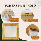 Boho Picture Frame with Wicker Accents | Lightweight Wooden Frame for 8x8 Photo or Artwork Bohemian, Coastal or Biophilic Style for Wall & Tabletop | All Natural Wood & Seagrass | Golden Brown
