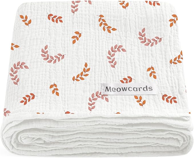 meowcards Muslin Swaddle Blankets for Baby, Unisex Baby Boys Girls Essentials, Large 47 x 47 inches, Boho Receiving Blankets Newborn Registry Must Haves (Leaf)