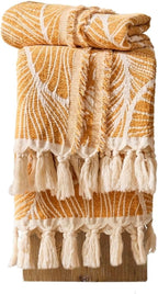 DOWN HOME Chenille Cotton Throw Blanket for Couch, Lightweight Boho Blanket for Bed Sofa Chair Living Room Outdoor Soft Woven Decorative Blanket with Tassel Gift Orange Leaves 50"x70"