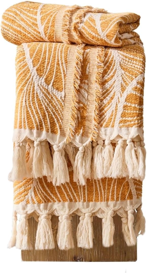 DOWN HOME Chenille Cotton Throw Blanket for Couch, Lightweight Boho Blanket for Bed Sofa Chair Living Room Outdoor Soft Woven Decorative Blanket with Tassel Gift Orange Leaves 60"x80"