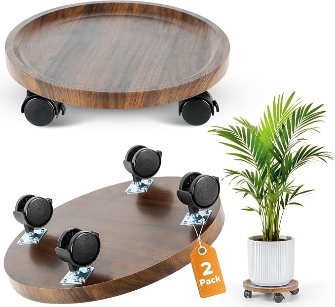 2 Pack Plant Caddy with Wheels, 12" Wood Rolling Plant Stand with 360° Lockable Wheels, Plant Stands Outdoor for Large Plants, Flower Cart Plant Dolly Plant Caster for Heavy Objects, Walnut