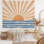 Atrippy Boho Hippie Sun Wall Tapestry for Bedroom Aesthetic, Bohemian Retro 70s Tapestries Hanging, Vintage Indian Sunset Sea Wave Art Poster for Living Room Dorm Decor (51" X 60")