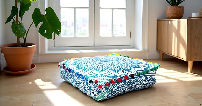 CRAFT KALA Green Ombre Large Hippie Mandala Meditation Floor Ottoman Pillow Cushion Pouf Cover Square Poufs Bohemian Circle Floor Cushion Case Outdoor Fireplace Yoga Living Room Decor Cover 18" Square